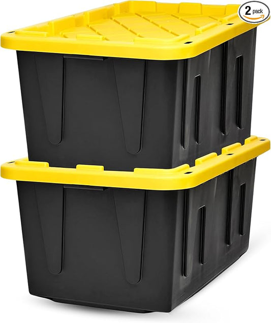 HOMZ Durabilt Plastic Storage Bins with Lids, 27 Gal, Black/Yellow, 2 Pack | Heavy-Duty Large Stackable Container Boxes for Home, Attic, and Garage Organization