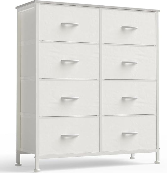 OLIXIS 8 Drawer Storage Dresser for Bedroom, White Closet Organizers Units | Fabric Dresser with Wooden Top, Chest of Drawers Clothes Storage, Tower Cabinet for Living Room, TV Stand Furniture