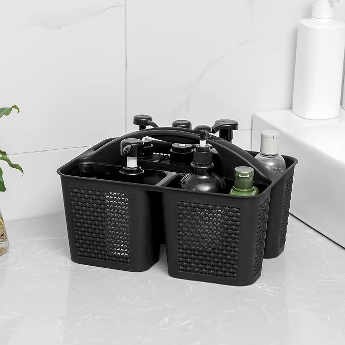Plastic Portable Shower Caddy Basket with Handle, 3 Compartments, Black | Storage Organizer with Drain Holes, Sturdy and Durable For Bathroom, Kitchen, College Dorm, Sink, Camping
