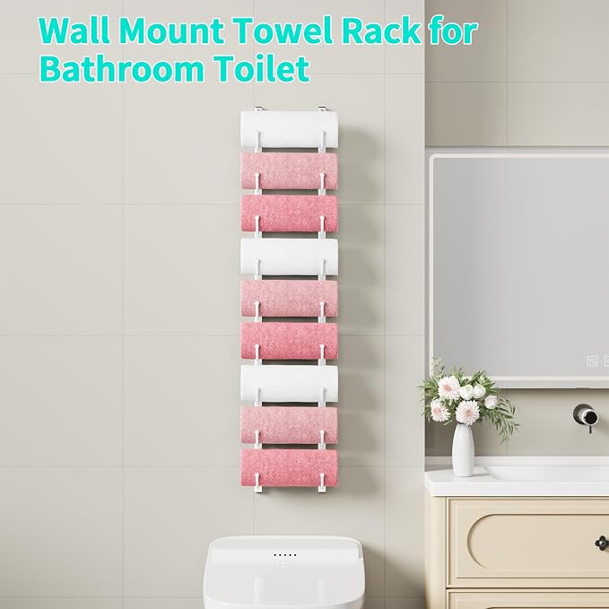 HapiRm Rolled Towel Racks for Bathroom - 9-Tier Over The Door & Wall Mounted Bathroom Towel Storage, Hanging Metal Organizer for Towels & Bath Sheets, Space Saving Rack for Bathroom, Camper, RV, White