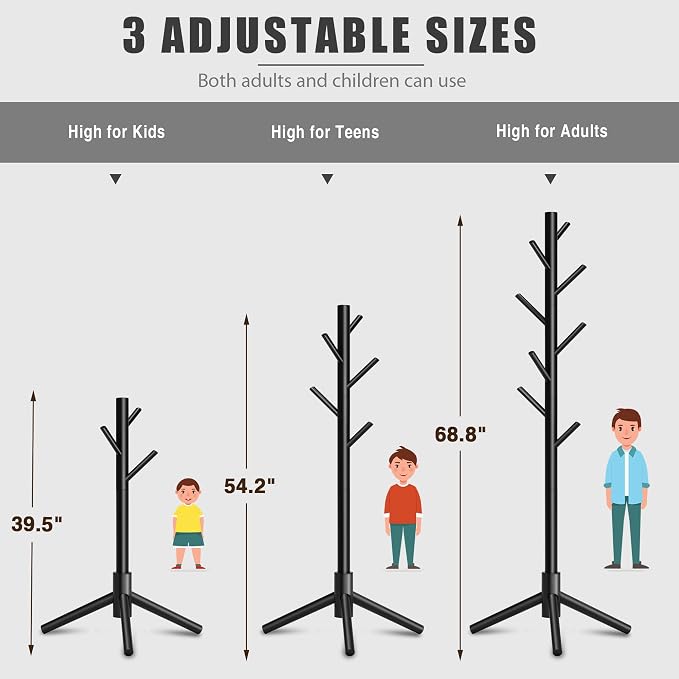 8-Hook Freestanding Coat Rack 3 Adjustable Heights Sturdy Black | Easy Tool-Free Setup,Ideal for Entryway Bedroom Hallway Office,Holds Clothes Hats Handbags,Space-Saving Vertical Design