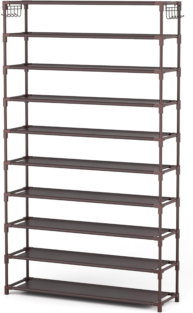 LANTEFUL 10 Tiers Shoe Rack 50 Pairs Large Capacity Tall Shoe Organizer Sturdy Shoe Storage with Two Hooks Space Saving Metal Wide Shoe Rack for Closet, Entryway, Bedroom, Brown