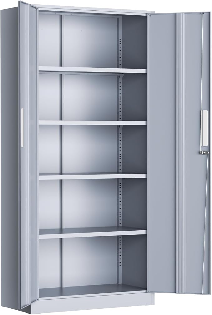 Greenvelly Metal Garage Storage Cabinet, 72” Tall Locking Steel Cabinet with 2 Doors and 4 Adjustable Shelves, Utility Metal Filing Cabinet with Lock for Home, Office, Garage, School (Dark Grey)