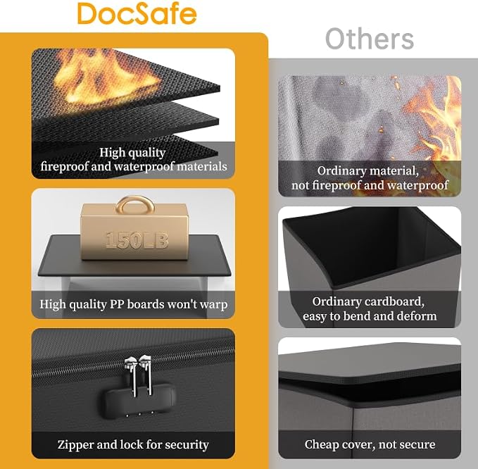 DocSafe Vinyl Record Storage Box with Lock,Fireproof＆Water Resistant Record Organizer Storage for 100+ Single Records(12-inch),Collapsible Storage Crate with Lid&Handles for Valuable Album Collection