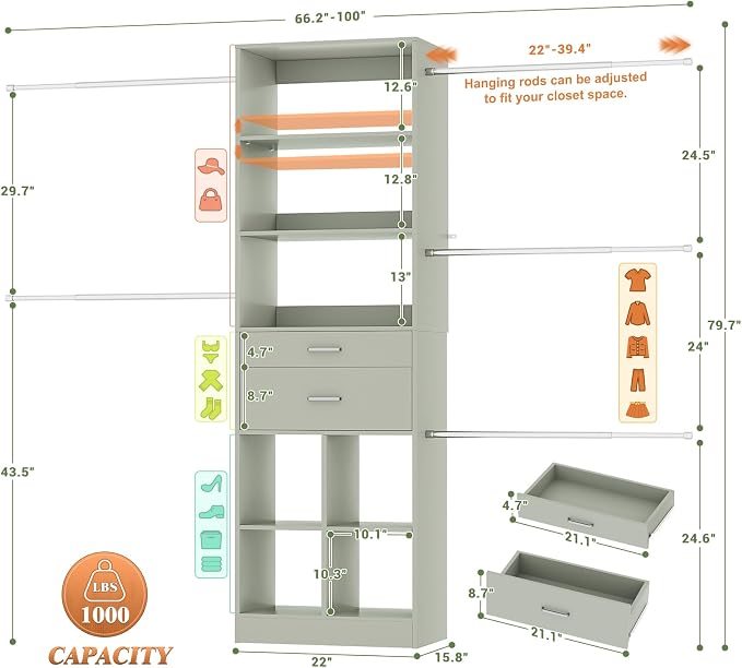Besiost Closet System, 4-8 FT Closet Organizer Tower with 2 Wooden Drawers and Shelves, Can Fit 60 to 96 inch Walk-in Closet System with 5 Hang Rods, Built-in, Crab Green
