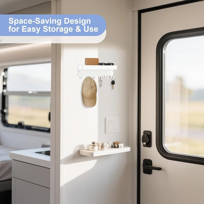 RELBRO Magnetic Key Holder for Fridge, Key Rack with Shelf, White | Metal, Built-in Magnet, Top Tray, 2 Installation Options, Matte Finish, Compact, Key Rack for Refrigerator Camper RV Entryway