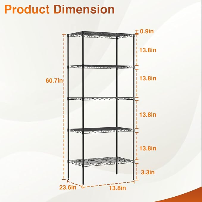 BestOffice | 5-Tier Wire Shelf | 14" x 24" x 60" | Black | Storage Shelves with Adjustable Racks, Holds upto 750 lbs | Rust-Resistant, No-Tool Assembly | For Home, Garage