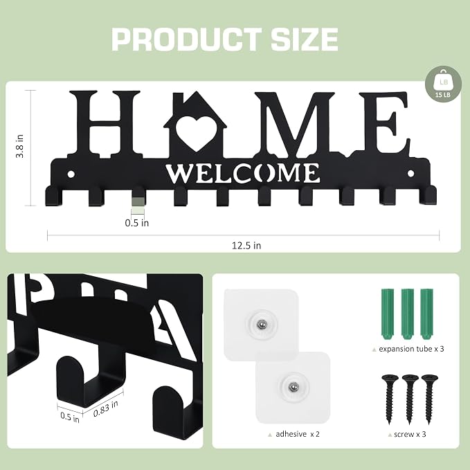 Key Holder Wall Mount, Adhesive Key Hanger with 10 Hooks, Black | Metal Material, 2 Mount Options, Compact Design, Cute Wall Decoration, Suit for Entryway, Doorway, Hallway, RV, Garage