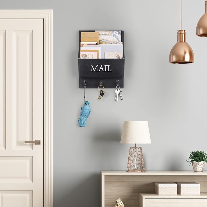 DLQuarts Mail Organizer with Key Holder for Wall, Mail Sorter Wall Mounted, Decorative Wooden Key and Mail Holder with 3 Hooks, Black