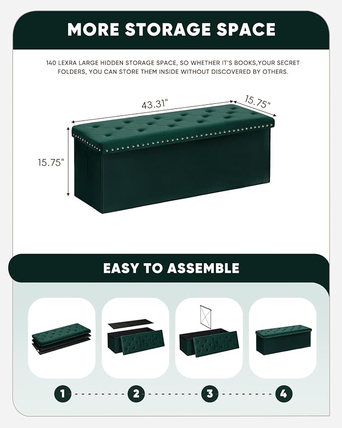 B FSOBEIIALEO Storage Ottoman Bench, Folding Tufted Ottoman with Storage, Extra Large 140L Toy Chest Bench for Bedroom, Luxury Velvet Fabric, 43 Inches Green