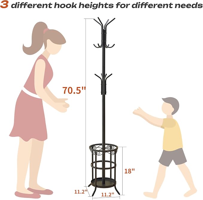 GHWIE Freestanding Coat Rack Stand with Umbrella Holder and Hat Hanger Organizer Rack