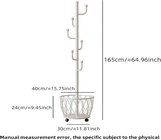 Off-White Moveable Cactus Metal Coat Rack with Basket Freestanding | Modern Organizer for Scarf Jacket Hat Bags Ideal for Home Entryway Bedroom Corner Stable
