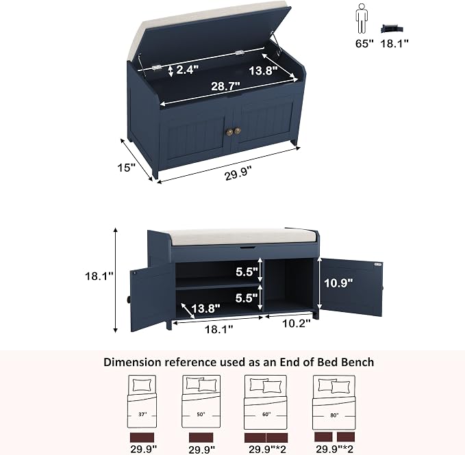 HOMEFORT 30" Shoe Bench with Lift Top Storage, Entryway Bench with Cushioned Seat, Wooden End of Bed Bench, Shoe Cabinet Bench with Hidden Storage Space, for Bedroom, Hallway, Blue
