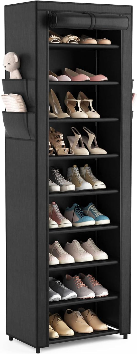 VILICK Shoe Rack with Cover Narrow Shoe Organizer with 4 Side Pockets 10 Tier Tall Shoe Storage Holds 18-22 Pairs Shoes and Boots Shoe Rack for Closet Entryway Garage