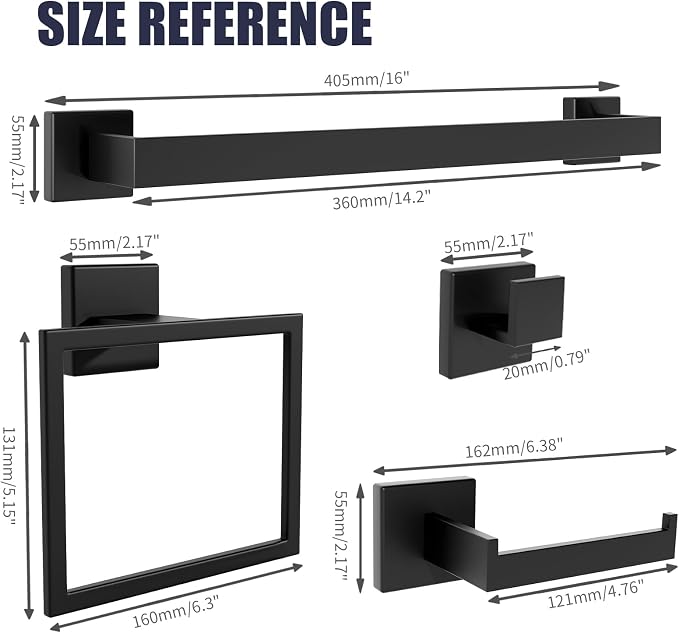 Bathroom Hardware Accessories Set: Bath Towel Bar Set, Towel Racks for Bathroom Wall Mounted, SUS304 Stainless Steel (Matte Black, 5-Pieces)