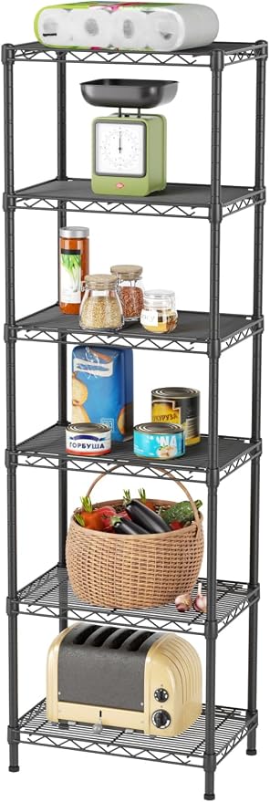 SINGAYE Metal Shelves Wire Shelving Storage Standing Adjustable Shelf Unit | 6 Tier Mesh Units Shelf for Kitchen Laundry Bathroom Closet Organizers Pantry Narrow Home Rack 10" D x 16" W x 63" H Black