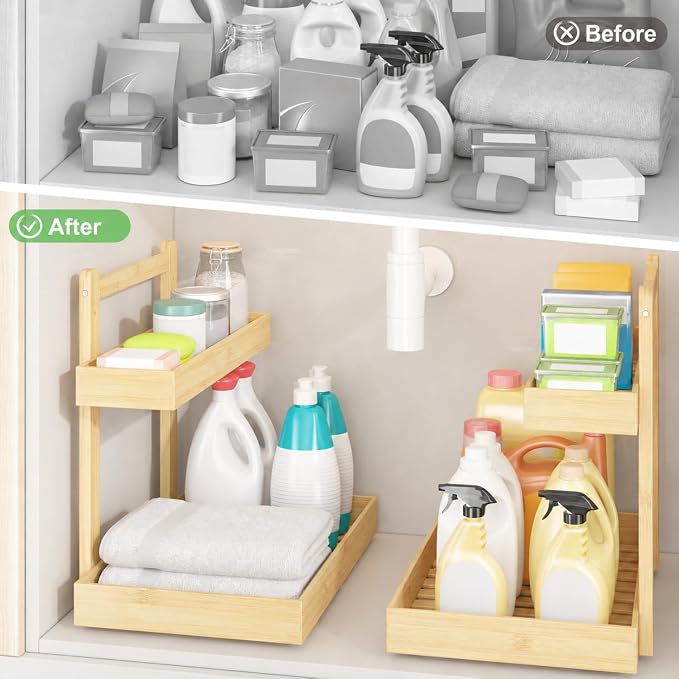Bamboo Under Sink Organizer, 2-Tier Pull Out Cabinet Organizer | Kitchen Sink Organizer | Bathroom Cabinet Organizer | Cleaning Supply Storage | L-Shape | 3-Level Adjustable | Natural Bamboo