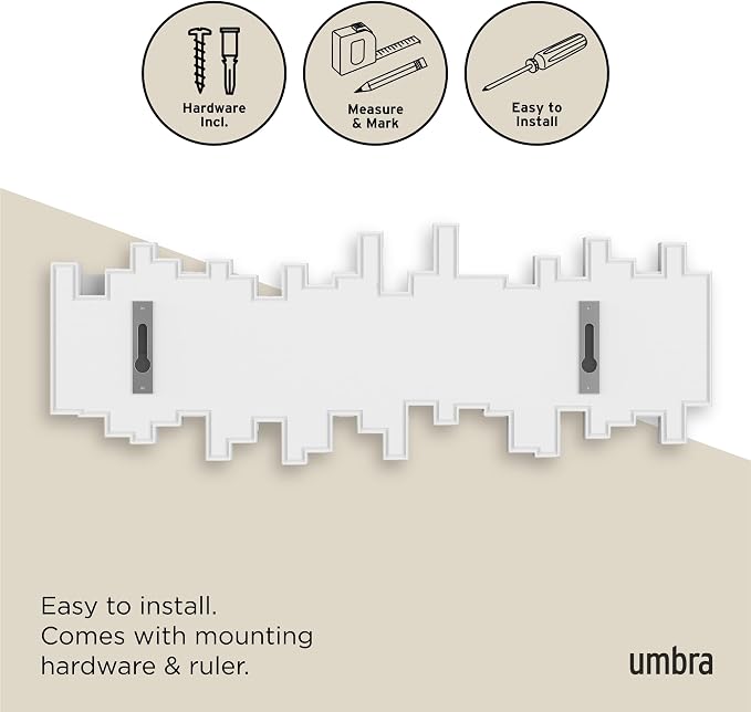 Umbra Sticks Wall Mount Coat Rack, 5 Hook Retractable Pegs, White | Mounting hardware included, sculptural modern design, entryway or bedroom use, recycled plastic