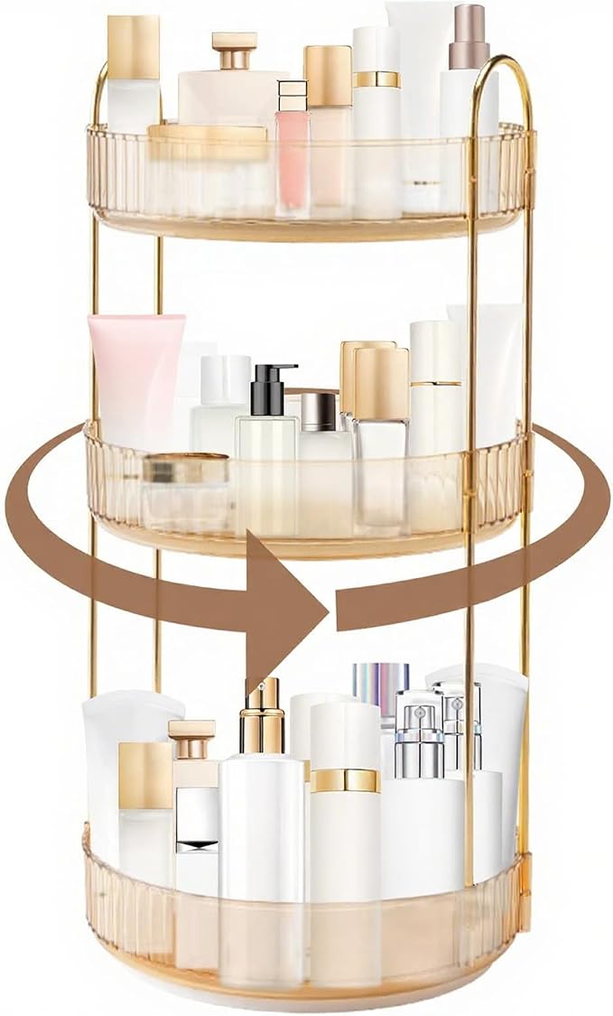 INVSSENE 360 Rotating Makeup Organizer, Yellow, Unisex, 3 Tier Countertop Storage, Fits Cosmetics, Perfume, Skincare, Lipsticks