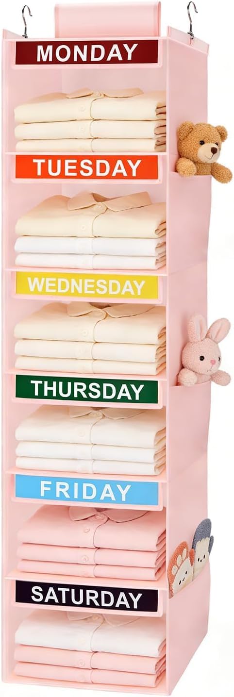 Weekly Clothes Organizer for Kids, 6-Shelf Kid Hanging Closet Organizer w/ 6 Side Pockets, Labeled Weekly Outfit Organizer for Kids, Days of The Week Clothes Organizer Monday Through Friday Pink