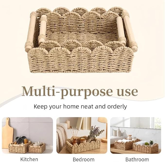 Handwoven Paper Rope Storage Basket, Scalloped Edge Decorative Organizer with Wooden Handles, Multifunctional basket for Bathroom Toilet Paper, Bedroom,End Table, Shelf and More Decoration (M)
