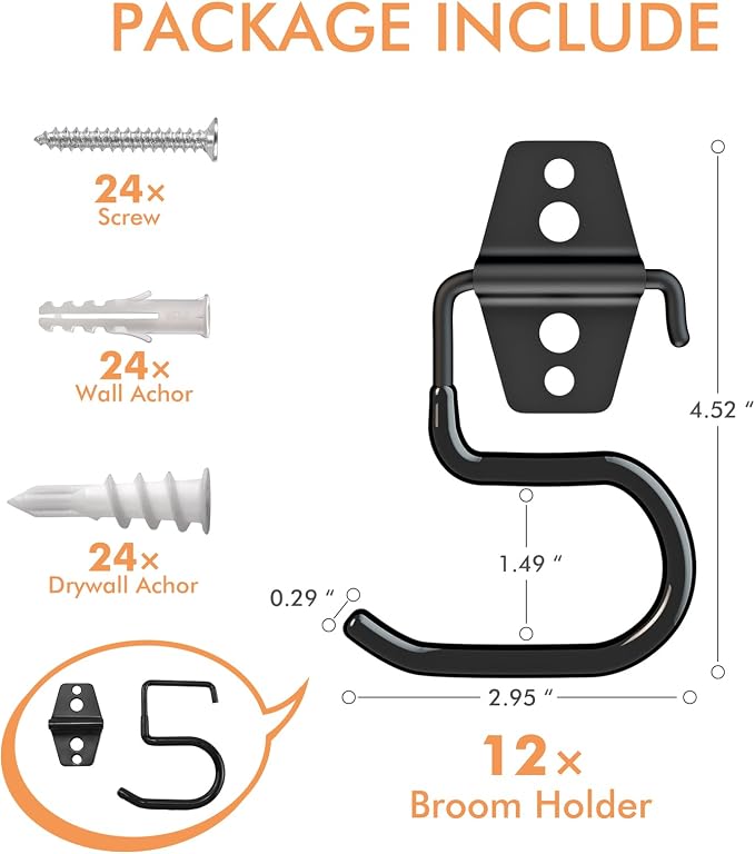 Broom Holder Wall Mount, 12Pack Tool Hangers Garage Wall Hanging Organizer | Heavy Duty Rubber Coated Steel, Large S Garage Hooks for Mop Shovel Rake Shed Garden Lawn Yard Handle Tools Organization