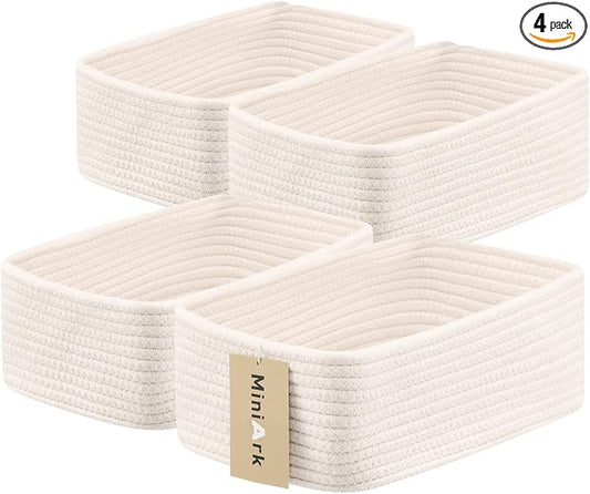 MiniArk Small Storage Baskets for Organizing | Closet Organizer Bins | Shelf Toy Basket | Woven Rope Baskets | Cube Decorative Box | Shallow Basket | 11.5x7.5x4.7” | 4 Packs Off White