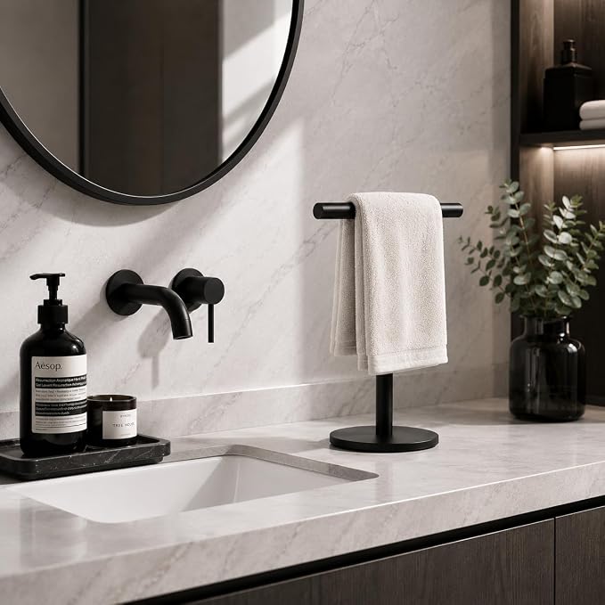 Bathroom Hand Towel Holder Stand，T-Shape Hand Towel Holder Stand SUS304 Stainless Steel Matte Black for Bathroom，Kitchen or Vanity Countertop(2 Pack)