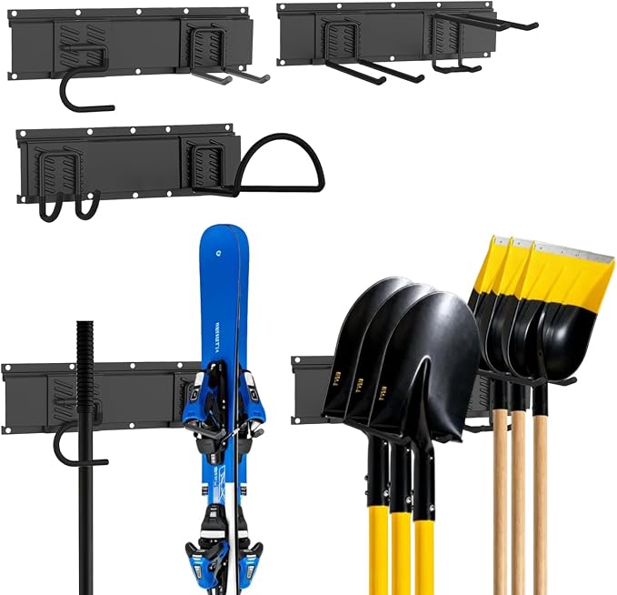 Garage Tool Organizer Wall Mount, Easy to 48inch Install Heavy-Duty Garage Storage System with 6 Adjustable Utility Hooks, Garden Tool Rack for Shovels, Rakes, Yard Tools