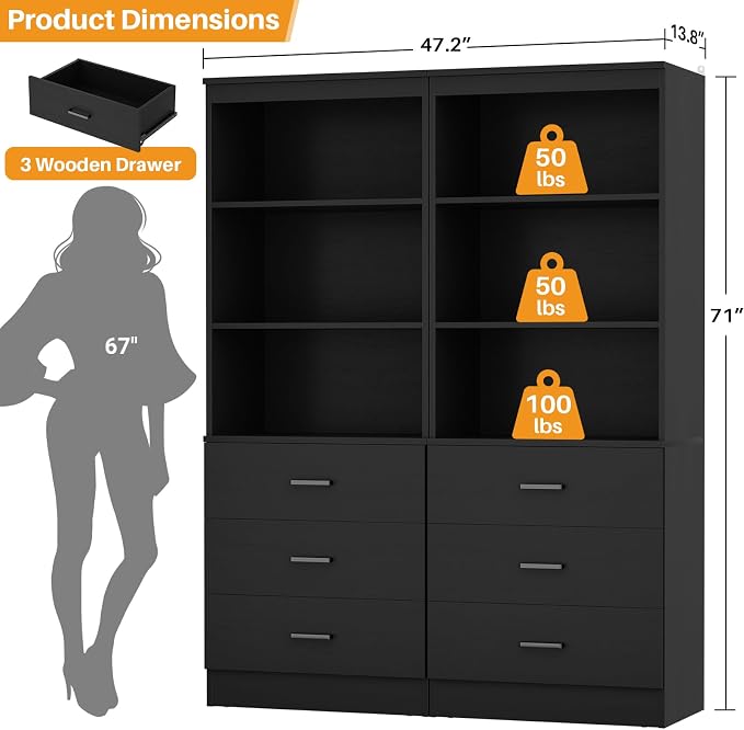 Aheaplus 47.2" Closet Drawers System, 3.94FT Wood Closet Organizer System with 6 Drawers, Modular Small Walk-in Closets Storage Unit, Set of 2, Black (47.2" L x 13.8" W x 71" H)
