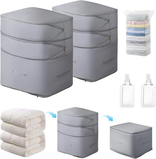 Comforter Storage Bag-Ultra Space Saving Large Self Compression Organizer for Comforters and Blanket,3-Layer Zipper Self-Compressing Organizer for Storage Bedding. (Gray, 2 Pack)