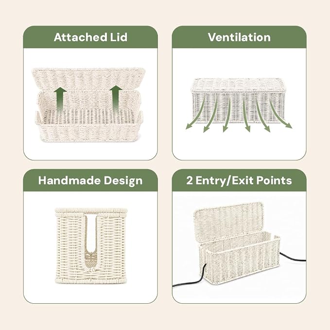 Cable Management Box, Handmade Rattan Cable Organizer with 2 Open Slots, Cord Hider for Power Strip, Router & USB Hub, Registered U.S. Design Patent (D1,112,102), 13" x 5.1" x 5.1", White