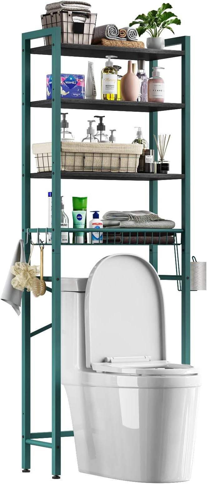 Kalrin Over-The-Toilet Storage Rack, 4-Tier Bathroom Organizer Shelf Over Toilet with Adjustable Shelf and Basket, Freestanding Space Saver Bathroom Shelves Above Toilet for Room (Green- Black)