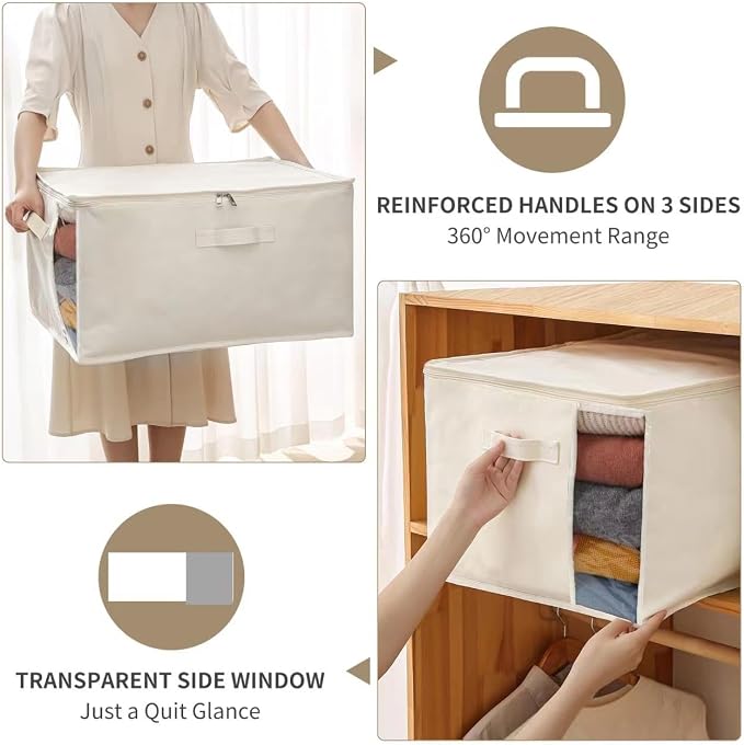 6 Pack Canvas Comforter & Blanket Storage Bags with Clear Window, Beige | Large Capacity, Cotton Linen Fabric, Reinforced Handles, Foldable Design for King Comforters, Clothes and Blankets Storage
