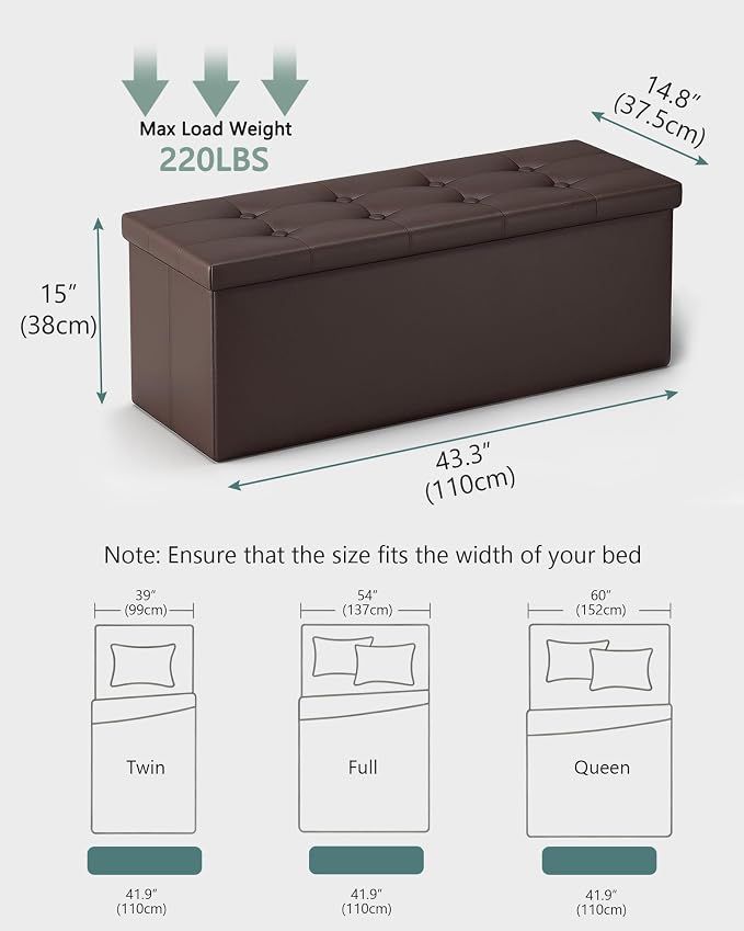 LITZFUR 43" Storage Ottoman Bench, Folding Faux Leather Chest, Brown | Stroage Box with 2 Dividers, Foot Rest Stool, Padded Seat for Bedroom, Entryway, Living Room