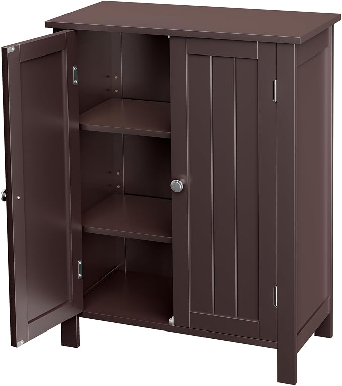 SUPER DEAL Modern Bathroom Floor Storage Cabinet with Adjustable Shelf and Double Door Rust Proof, Living Room Modern Home Furniture Storage Organizer Cabinet, Brown