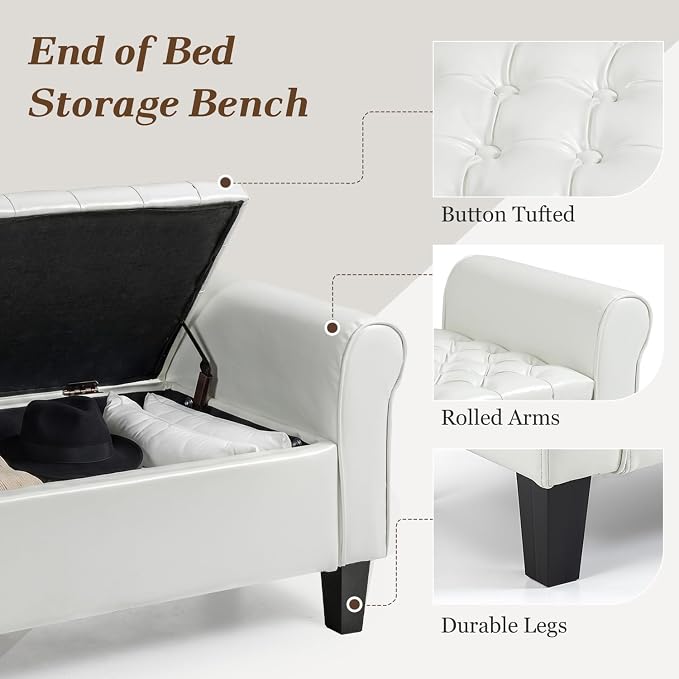 55" Storage Ottoman Bench for Living Room, End of Bed Bench with Rolled Arm Leather Ottoman with Storage Upholstered Entryway Bench Retro Style Footboard Bench for Bedroom, Cream White