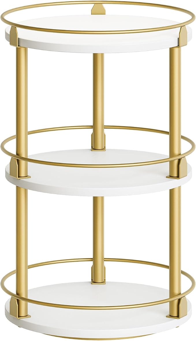 Yatiney 3-Tier Lazy Susan, Rotating Spice Rack, Spinning Organizer, Industrial Turntable Spice Rack for Cabinet, Kitchen Countertop, Pantry, White and Gold SR23DW