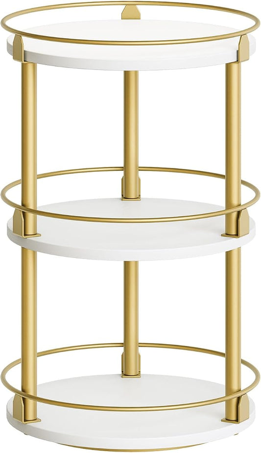 Yatiney 3-Tier Lazy Susan, Rotating Spice Rack, Spinning Organizer, Industrial Turntable Spice Rack for Cabinet, Kitchen Countertop, Pantry, White and Gold SR23DW