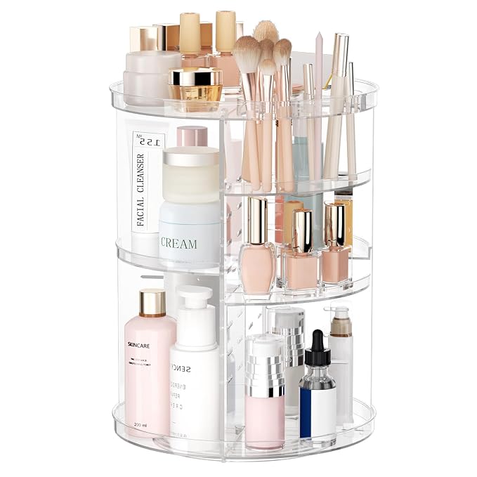 Rotating Makeup Organizer, DIY 8 Adjustable Layers Spinning Skincare Storage, Cosmetic Display Case with Brush Holder and Perfume Tray, Multi-Function Vanity Bathroom Countertop Organizer Clear