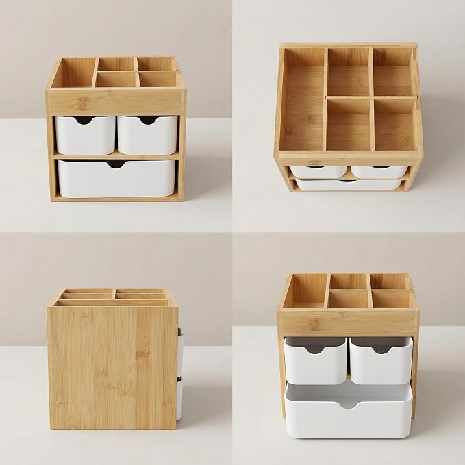 Small Bamboo Makeup Organizer（5.7" D x 8" W x 7.5" H） | Dresser Cosmetic Organizer Box Bamboo Desk Organizer for Home, Adjustable Dividers 3 Drawers