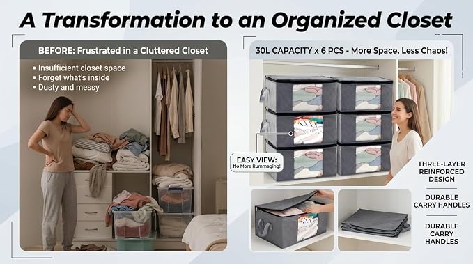 Storage Clothes Bins Closet Bags - 35L Containers Organizer Boxes Clothing Bin Organization for Organizing Blanket Pillow Sheet Sweater, Foldable Bedroom Small Storage Totes With Lids Zipper, 6pc Pack