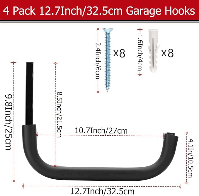 Large Garage Storage Hooks, 12.4 Inch Heavy Duty Garage Storage Organizer Wall Mount Hanging Hanger, Each Max Load 100lbs