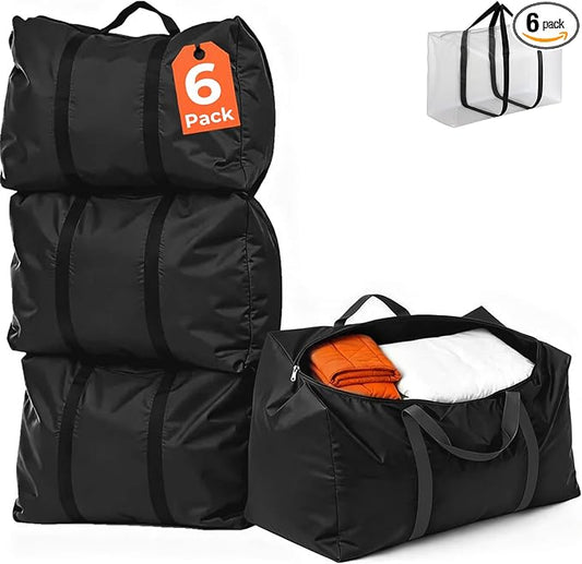 Extra Large Moving Bags, 6 Pack Black Oversized Storage Totes with Strong Zipper & Reinforced Full Loop Handles, Collapsible Storage Bags for Space Saving, for King/Queen Comforter, Blankets & Clothes