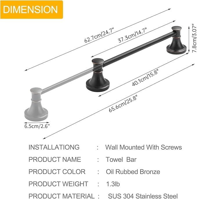 BESy Towel Racks for Bathroom Wall Mounted Bath Towel Bar Oil Rubbed Bronze | Adjustable 16-26 In, Wall Mounted Towel Holder, Stainless Steel, Rustproof, Towel Bar Rod Hanger Hardware Accessories Hotel