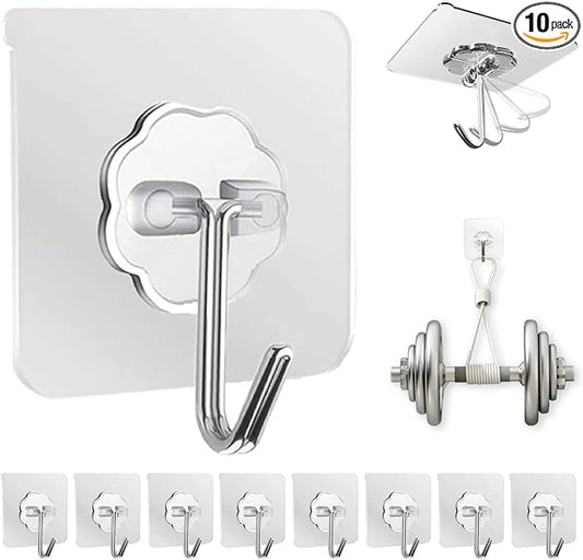 DDMY Adhesive Wall Hooks Clear 50lb(Max) Heavy Duty Hanging Sticky-10 Pack | Heavy Duty Hooks for Walls Hanging 50 lbs No Damage, Waterproof Sticky Transparent Ceiling Hook for Towel/Kitchen/Outdoor