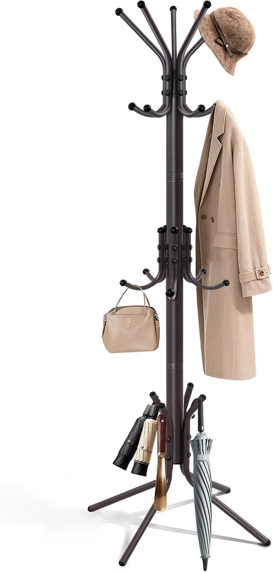 Metal Coat Rack, Freestanding Coat Tree & Hall Tree with 15 Hooks, Sturdy Coat Rack Stand and Hat Rack, Coat Hanger for Entryway, Bedroom, Office for Jackets, Hats, Bags,Brown