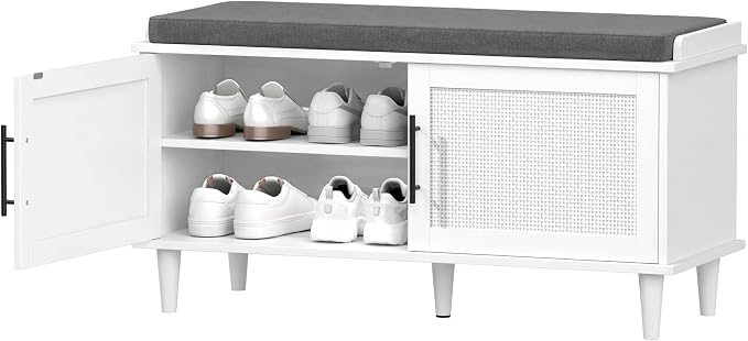 Akxomel 39.4" Rattan Shoe Storage Bench 2 Doors Wooden Entryway Bench White | 2 Tier Shoe Bench with Padded Cushion, Adjustable Shelves and 2 Doors, Solid Wood Legs, for Hallway, Living Room, Bedroom