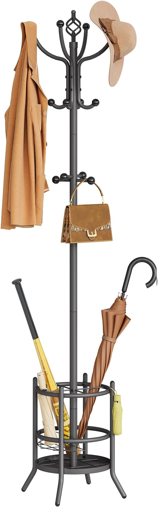 Tajsoon Coat Tree with Umbrella Stand, Coat Rack With 16 Hooks, Grey | 2-In-1 Design, Coat Stand Freestanding, Durable & Stable, Space-Saving, For Living Room, Bedroom, Office