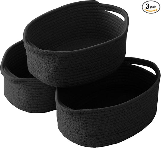 JMvicyroam Small Woven Basket, Empty Gift Basket, Black/3 Pack | Small Gift Basket, Cotton Rope, 12 x 8 x 26 in, Handles, Includes Ribbon and Bag, Birthday Gift Basket